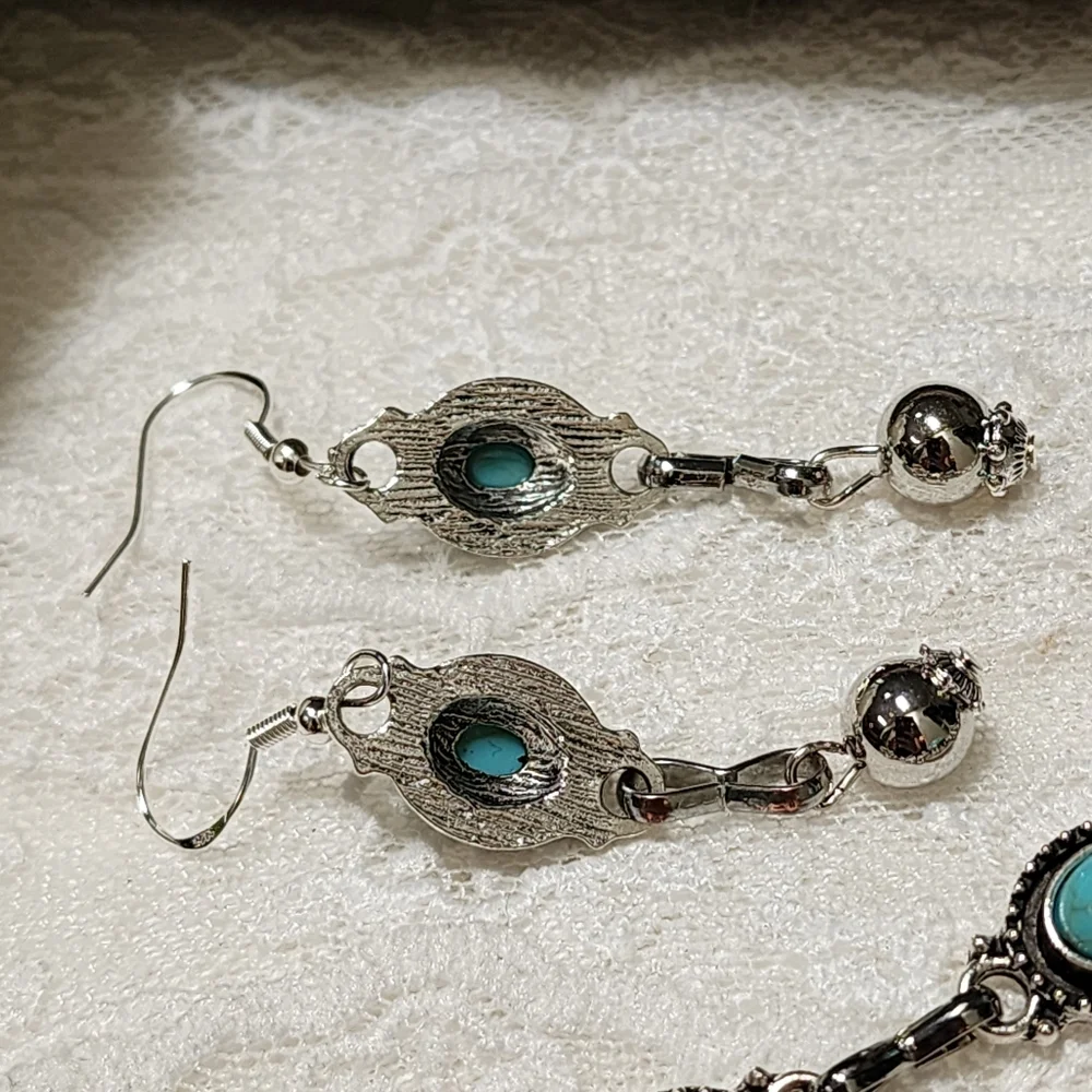 Reworked Hand Crafted Faux Silver and Faux Turquoise Jewelry Set